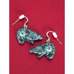 Zuni Bear Fetish Earrings Signed Dilbert Gasper? Black Marble Zuni Sunface Inlay